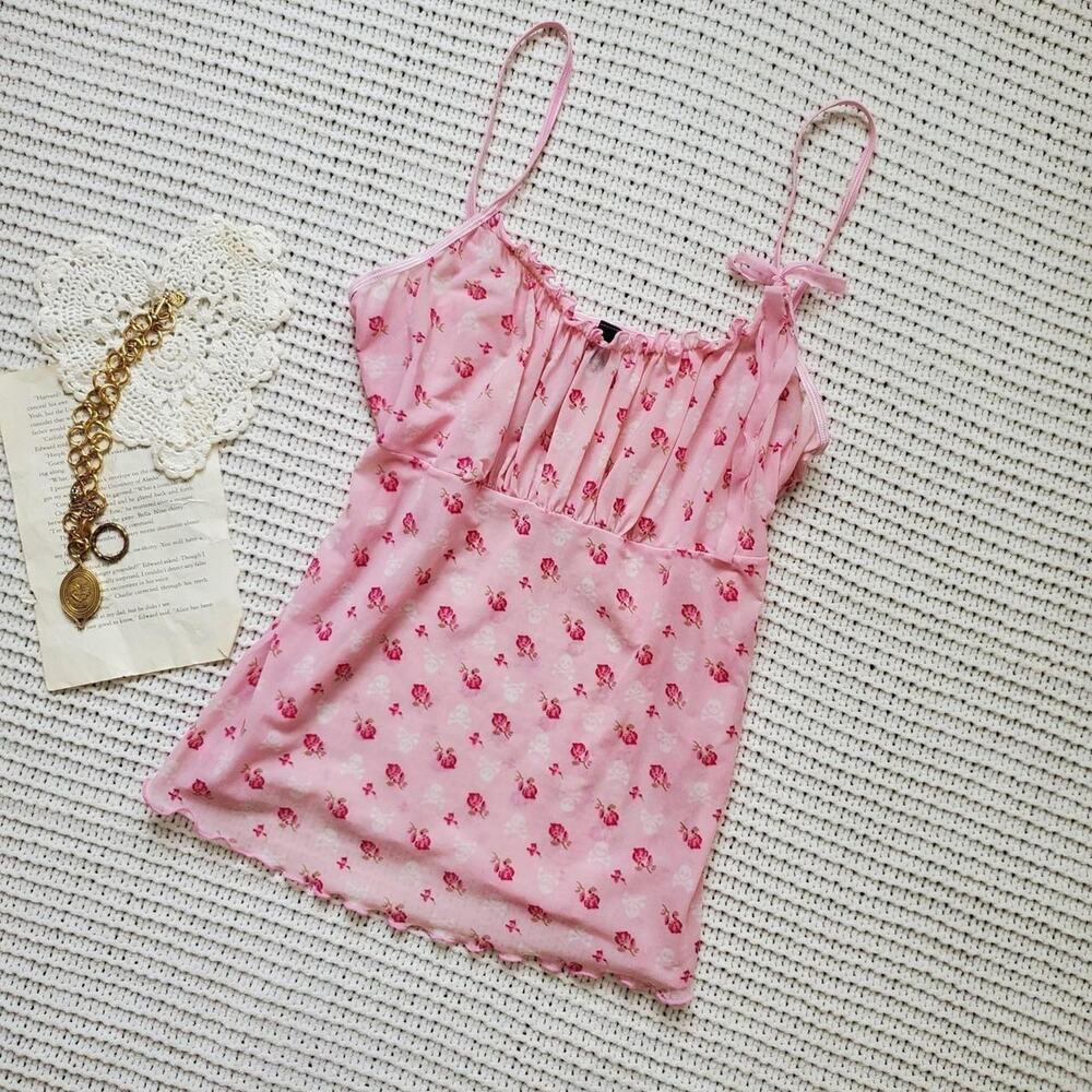 Y2k pink micromesh tank with roses and skulls and bones